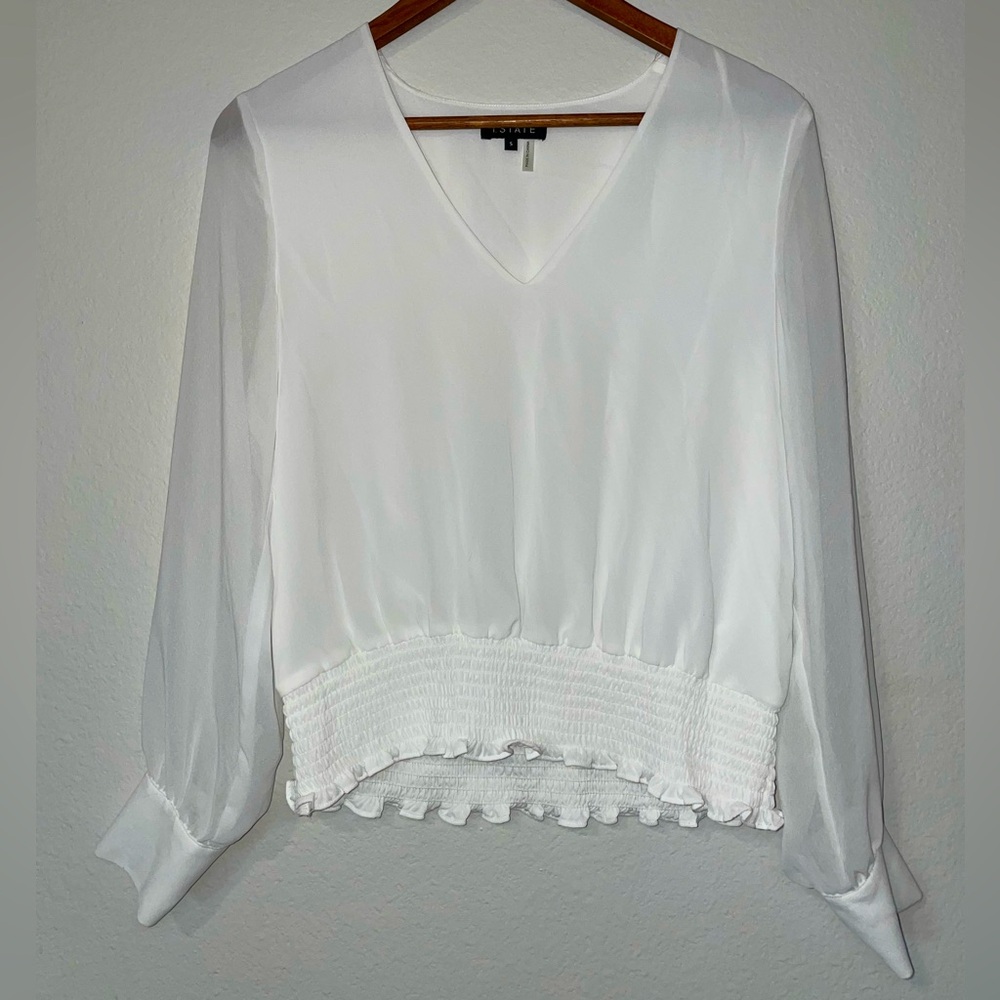 1. STATE Women’s White Balloon Long Sleeve V-neck Smocked Waist Blouse Top Small